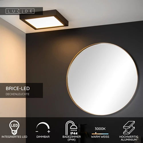 Lucide BRICE-LED - Deckenleuchte Badezimmer - LED Dim. - 1x30W 3000K - IP44 - Schwarz - USP